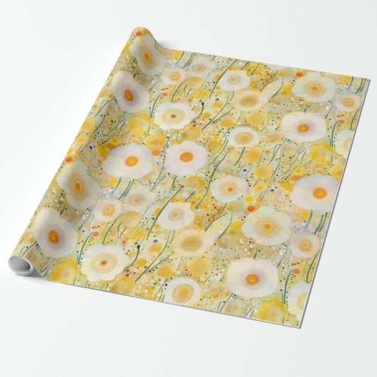 Artisan Wildflowers Geel Sinaasappel Wit Happy Fun Cadeaupapier (Uitgerold)