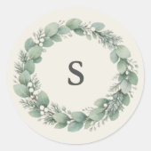 Artisan Winter Botanische Groene Monogram Initiaal Ronde Sticker (Voorkant)