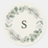 Artisan Winter Botanische Groene Monogram Initiaal Ronde Sticker (Voorkant)