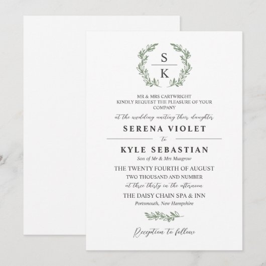Artisjok Groene Laurel Wreath Monogram Bruiloft Kaart (Voorkant / Achterkant)