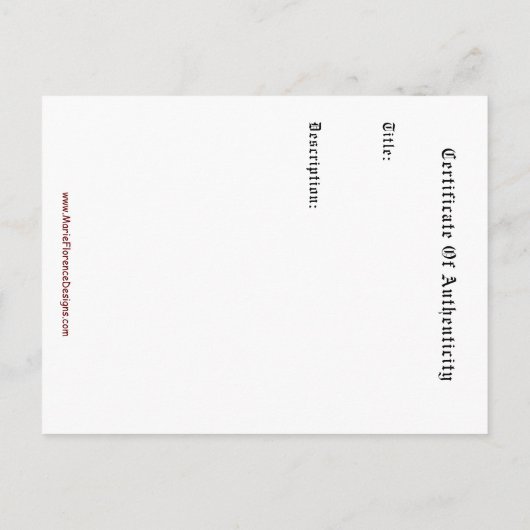 Artist Certificate of Authenticity Sjabloon Briefkaart (Achterkant)