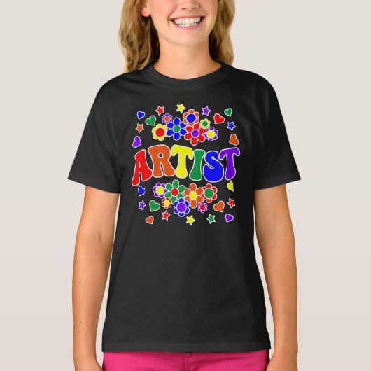 ARTIST-Retro Groovy , Flowers, Hearts, Star T-shirt (Voorkant)