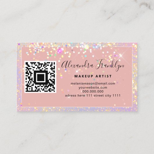 Artist roze holografische Glitter QR-code maken Visitekaartje (Achterkant)