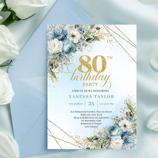 Artistic 80th Birthday Invite Dusty Blue Flowers   Kaart