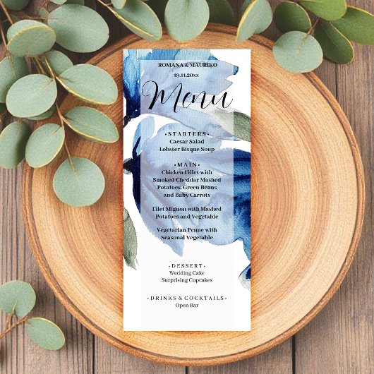 Artistic Blue Floral Waterverf Handbeschilderd Menu