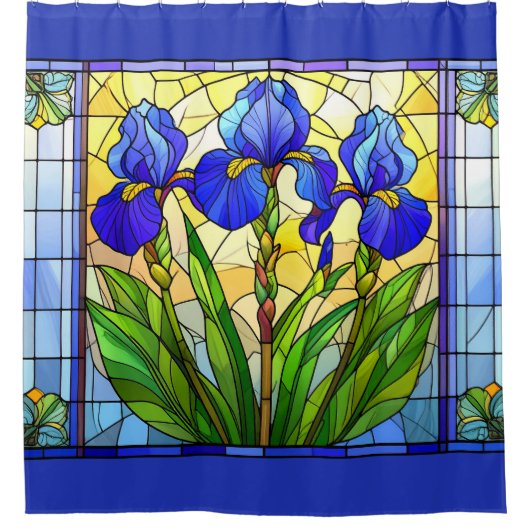 Artistic Blue Iris Floral Glas in lood Douchegordijn (Voorkant)