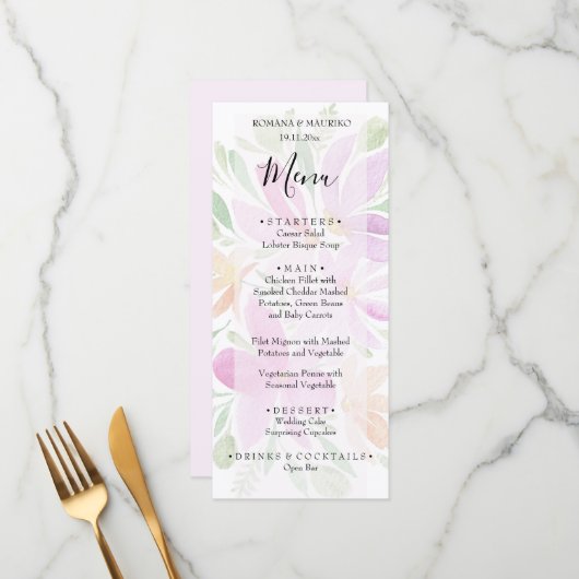 Artistic Blush Floral Waterverf Handbeschilderd Menu (Voorkant / Achterkant in situ)