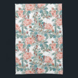 Artistic Blush Peach en koraal Rozen Theedoek<br><div class="desc">Artistiek gerenderde vector perzik,  blush roze en koraal rozen met salie en pastel blauwgroen gebladerte. Patroon is naadloos,  schaalbaar en de achtergrondkleur kan worden aangepast.</div>