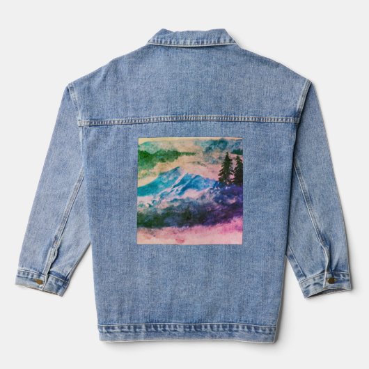 Artistic Blush Waterverf Mountains en dennenbomen Denim Jacket (Achterkant)