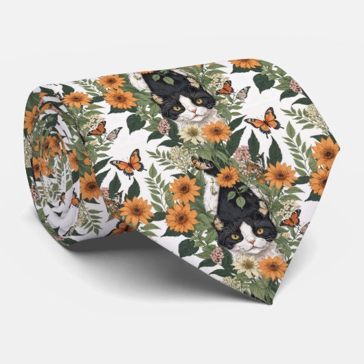 Artistic Cat, Butterflies, Flowers Floral Pattern Stropdas (Opgerold)