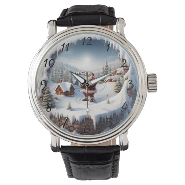 Artistic Christmas Santa and Snowy Village Scene Horloge (Voorkant)