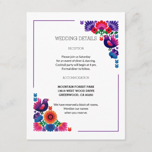 Artistic Decorative Folk Birds and Flowers Wedding Informatiekaartje (Voorkant)