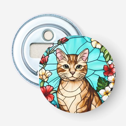 Artistic Feline Portrait Amid Tropical Flowers Button Flesopener (Voorkant)