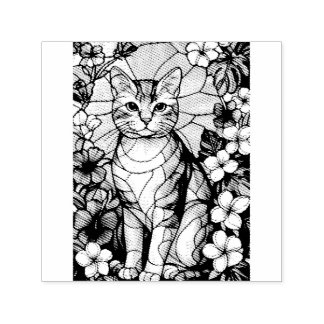 Artistic Feline Portrait Amid Tropical Flowers  Zelfinktende Stempel