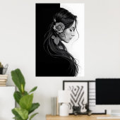 Artistic female profile with rose in monochrome poster (Thuiskantoor)