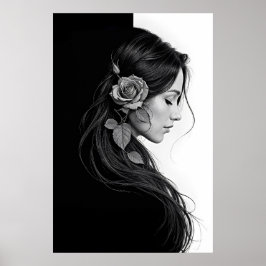 Artistic female profile with rose in monochrome poster