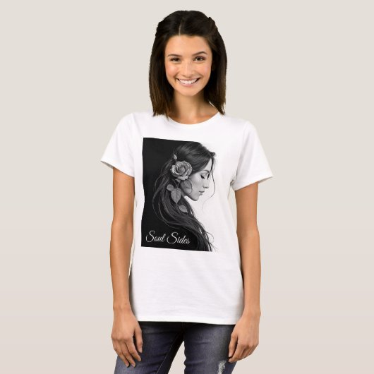 Artistic female profile with rose in monochrome t-shirt (Voorkant volledig)