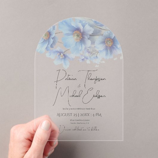 Artistic Handwritten Blue Himalayan Poppy Wedding  Acryl Uitnodigingen (Insitu (Draagbaar))