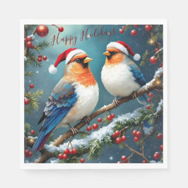 Artistic Holiday Christmas Birds With Santa Hats Servet