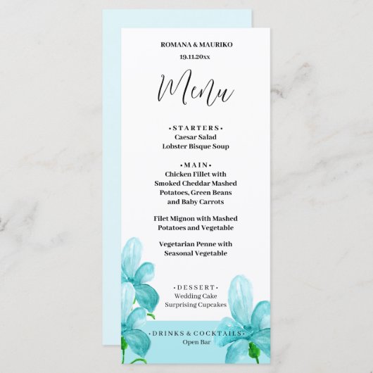 Artistic Iris Blue Floral Waterverf Handbeschilder Menu (Voorkant / Achterkant)