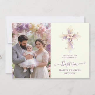 Artistic Lilac Floral Christian Cross Baptism Bedankkaart