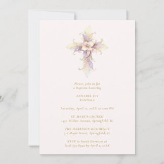 Artistic Lilac Floral Christian Cross Baptism Kaart