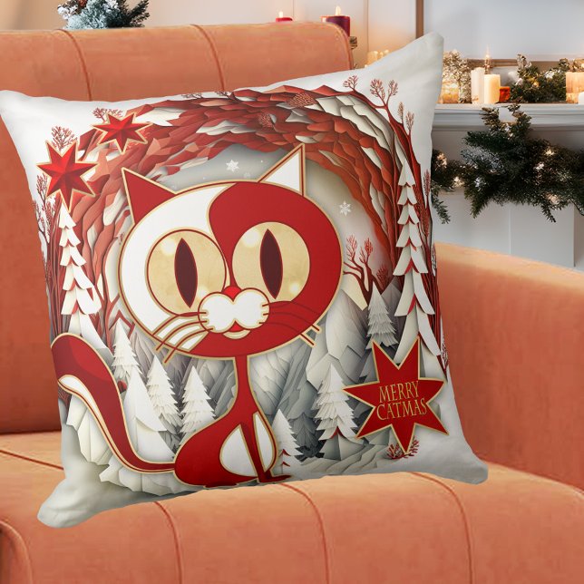 Artistic Merry Catmas Kat Kerstkussen Kussen (A whimsical Christmas pillow featuring a cute kitty on a Christmas wreath with festive red stars)