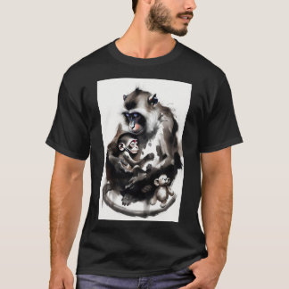 Artistic Mother and Baby Monkey Ink Wash Illustrat T-shirt