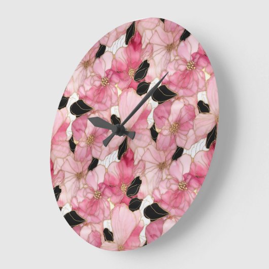 Artistic Pink Blooms Black Ink Abstract Grote Klok (Hoek)