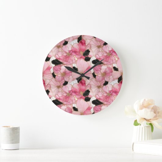Artistic Pink Blooms Black Ink Abstract Grote Klok (Huis)