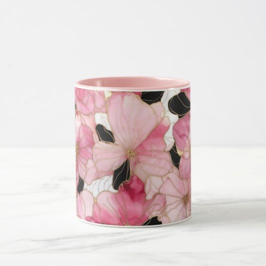 Artistic Pink Blooms Black Ink Abstract Mok (Midden)