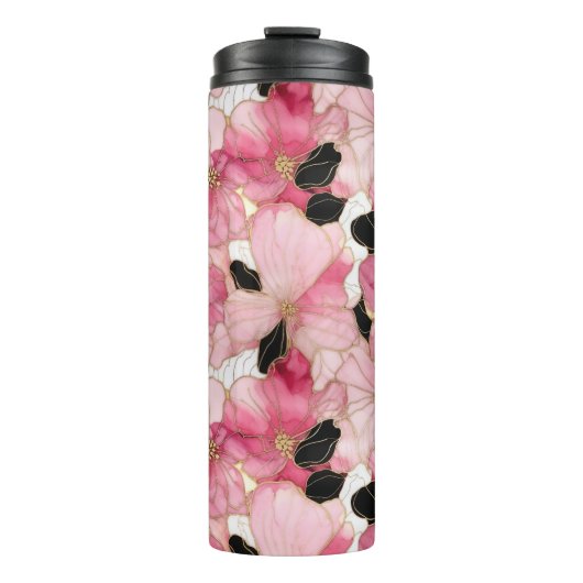 Artistic Pink Blooms Black Ink Abstract Thermosbeker (Voorkant)