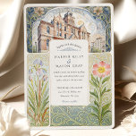 Artistic Turner Hall Milwaukee Art Nouveau Wedding Kaart<br><div class="desc">Announce your wedding with a true work of art! This exquisite double-sided invitation celebrates the historic beauty of Milwaukee's Turner Hall with a stunning custom watercolor illustration. The front of the card features the magnificent venue set against a swirling, stylized sky, perfectly capturing the essence of the Art Nouveau era....</div>