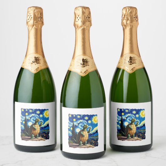 Artistic Turtle Shirt  Starry Night Turtle (1) Sparkling Wijnetiket (Flessen)