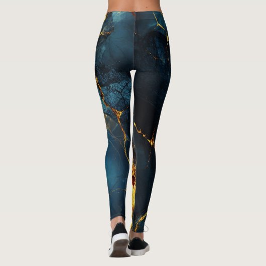 Artistic Veined Abstract Blue Ocher Leggings (Achterkant)