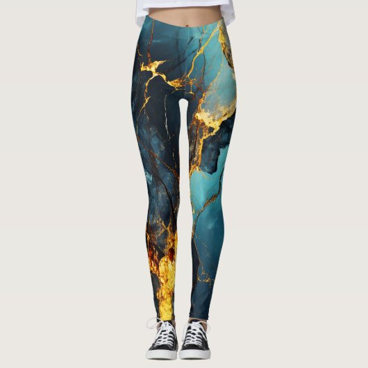 Artistic Veined Abstract Blue Ocher Leggings (Voorkant)