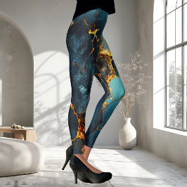 Artistic Veined Abstract Blue Ocher Leggings