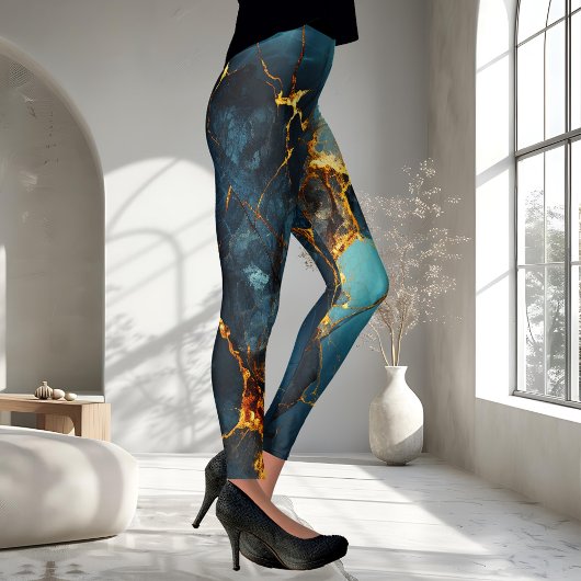 Artistic Veined Abstract Blue Ocher Leggings