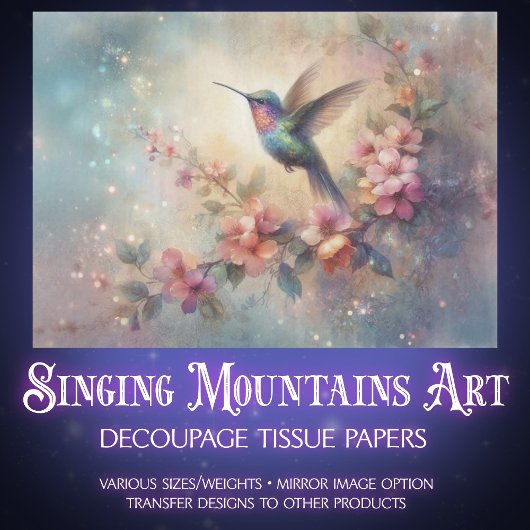 Artistic Watercolor Hummingbird Flowers Decoupage Tissuepapier