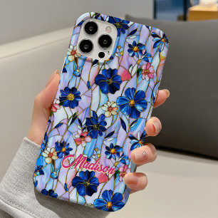 Artistiek Blauw Glas-in-Lood Bloemmotief iPhone 16 Hoesje