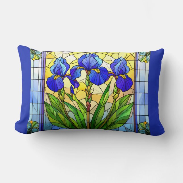 Artistiek Blauw Iris Bloemen Lumbar Kussen (Voorkant)