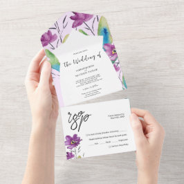 Artistiek Blauw Paarse Wildflowers Waterverf All In One Uitnodiging