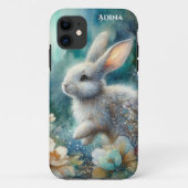 Artistiek Blauwgroen Blauw Waterverf Bloemenkonijn Case-Mate iPhone Case (Achterkant)