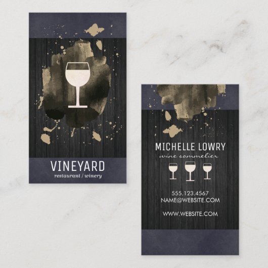 Artistiek geborsteld hout backing en wijnglas visitekaartje (Voorkant / Achterkant)