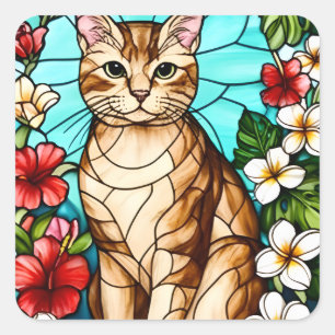 Artistiek kattenportret te midden van tropische bl vierkante sticker