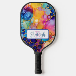 Artistiek, kleurrijk, regenboogalcohol en inkt pickleball paddle