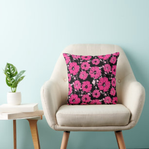 Artistiek Levendige Roze Bloemen op Zwarte Bloemen Kussen