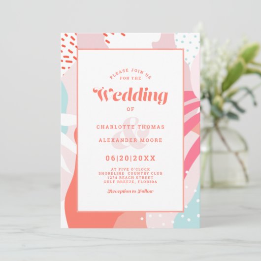 Artistiek Modern Abstract Trouw Koraal Turkoois Ro Kaart (Staand voorkant)