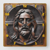 Artistiek reliëf van Jezus in bruine tinten Vierkante Klok (Voorkant)