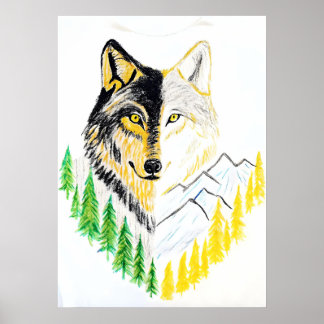 Artistiek Wolf Portret met Natuur Achtergrond Poster